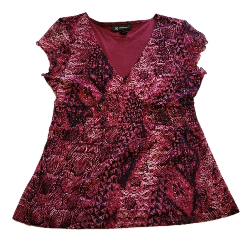 INC Dark Red Snake Print Babydoll Blouse Top Size Medium Cap Sleeve Cyber